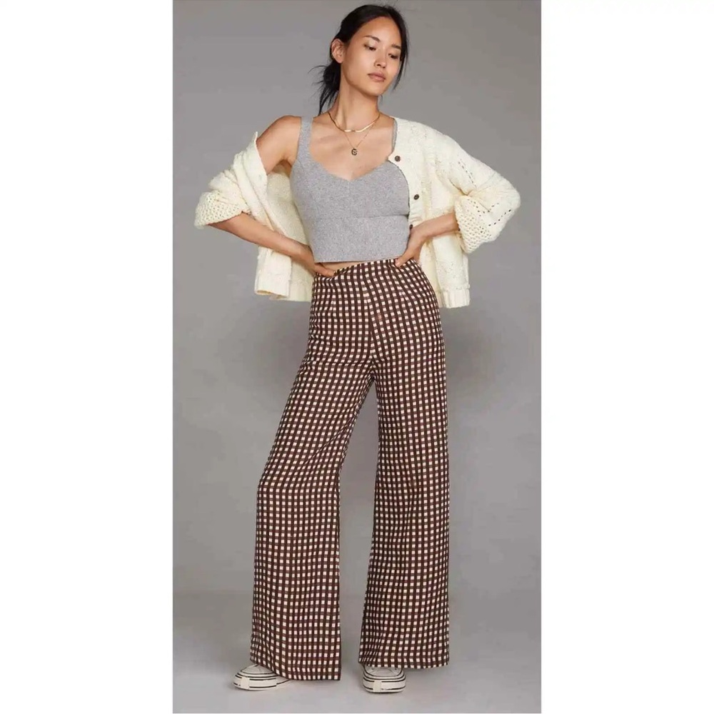 Anthropologie X Faithfull The Brand Ottavio Wide Leg Mari Check Brown Pant US 8